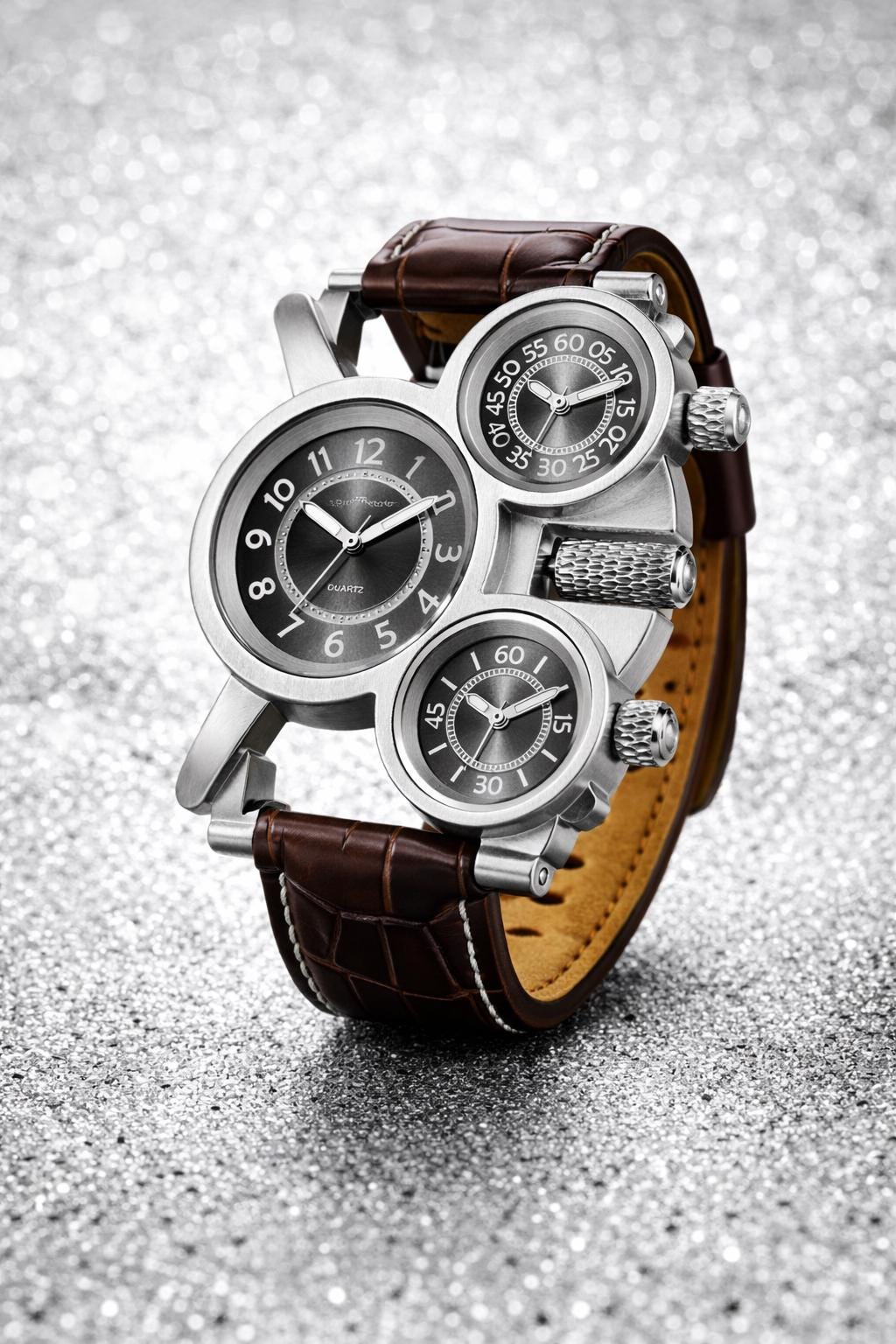 Luxury Triple Dial Men's Steampunk Watch | Brown Leather Strap