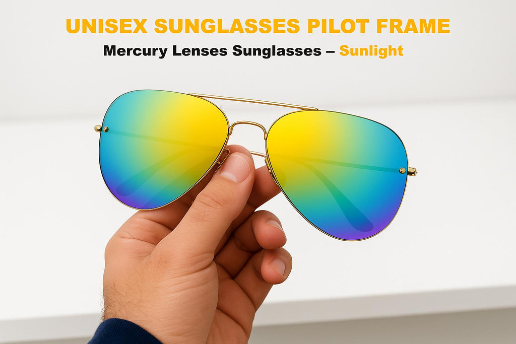 Mercury Aviator Sunglasses – Rainbow Blue Silver Green Lenses, Lightweight UV400