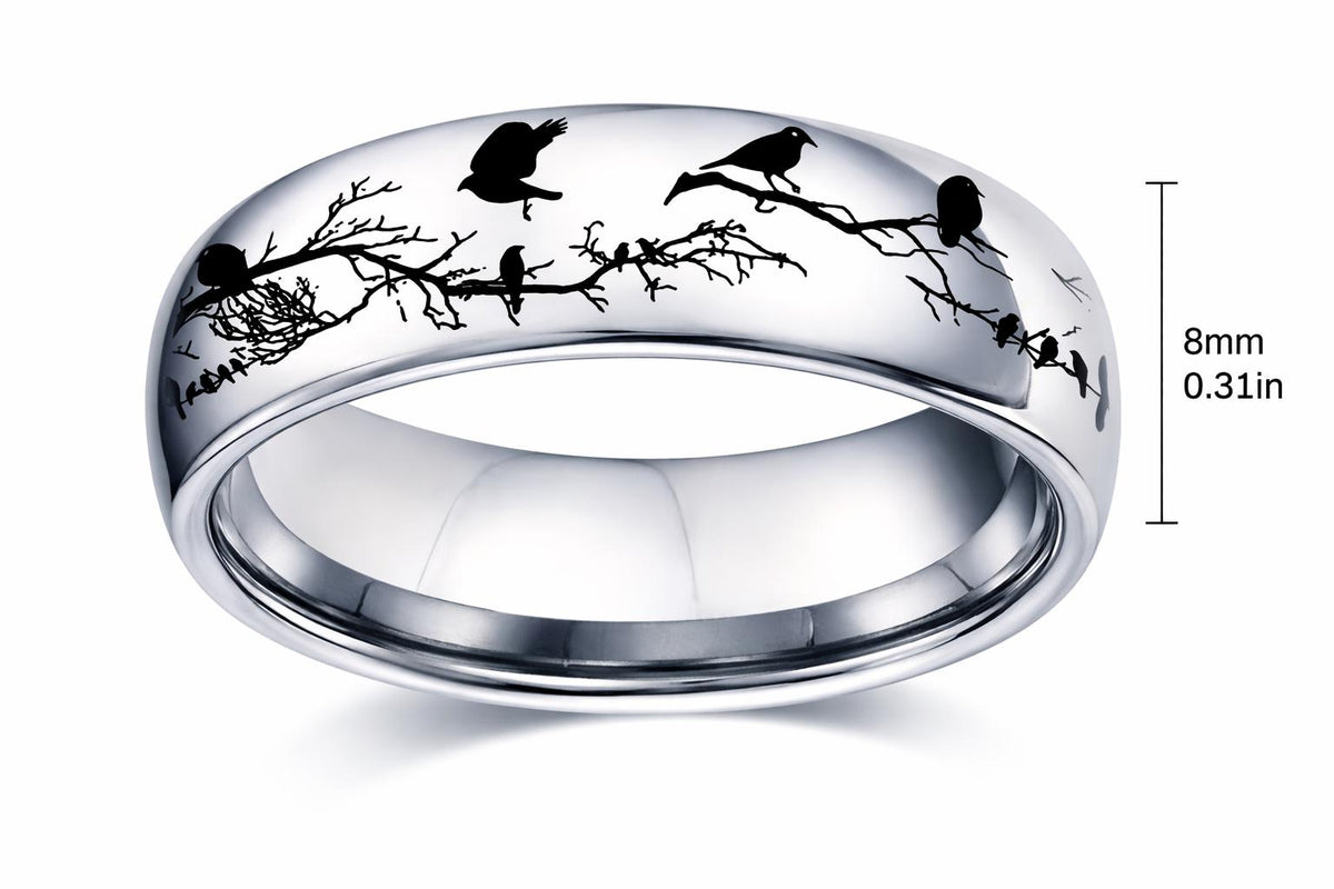Rare Bird Branch Engraved Nature Ring – Silver Band
