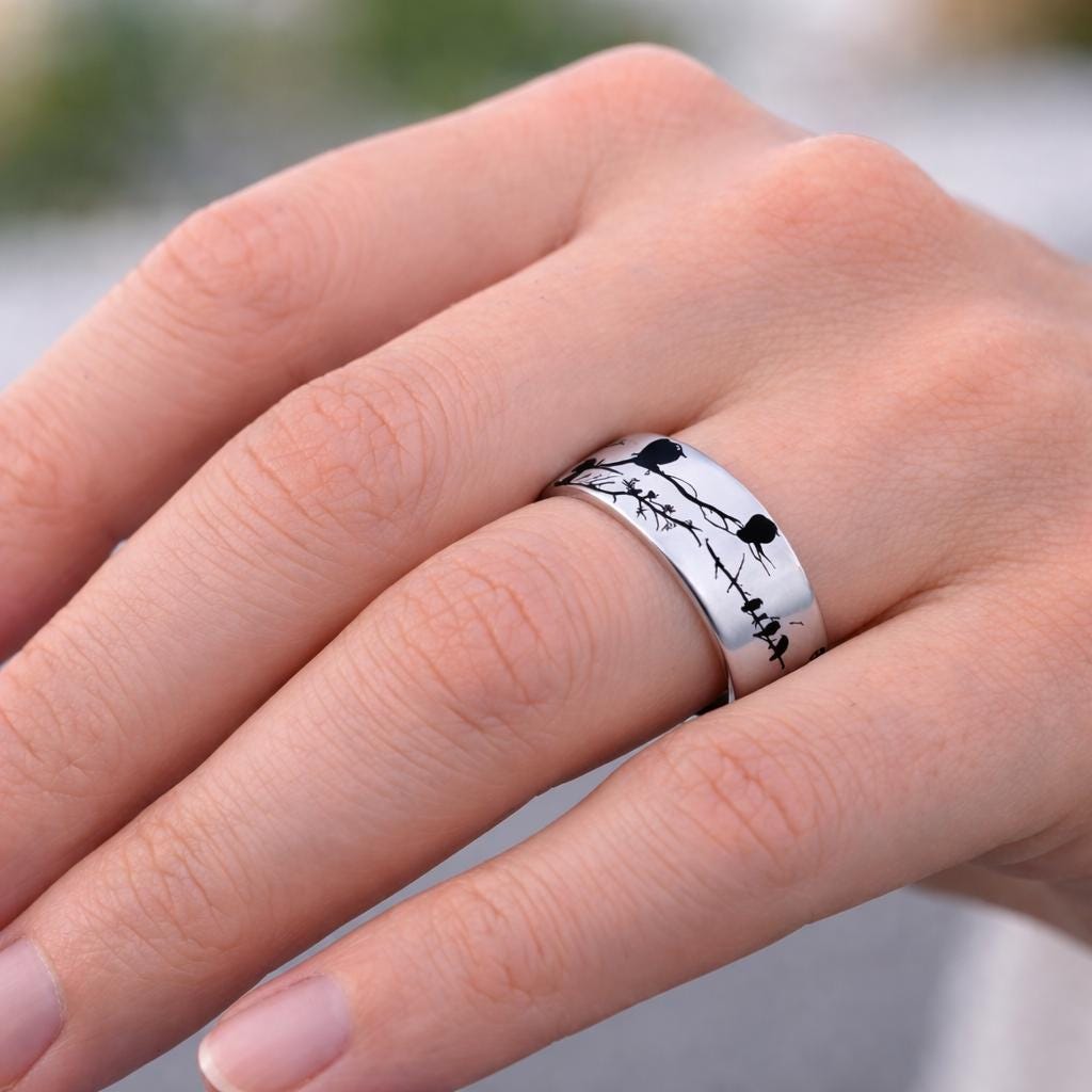 Rare Bird Branch Engraved Nature Ring – Silver Band