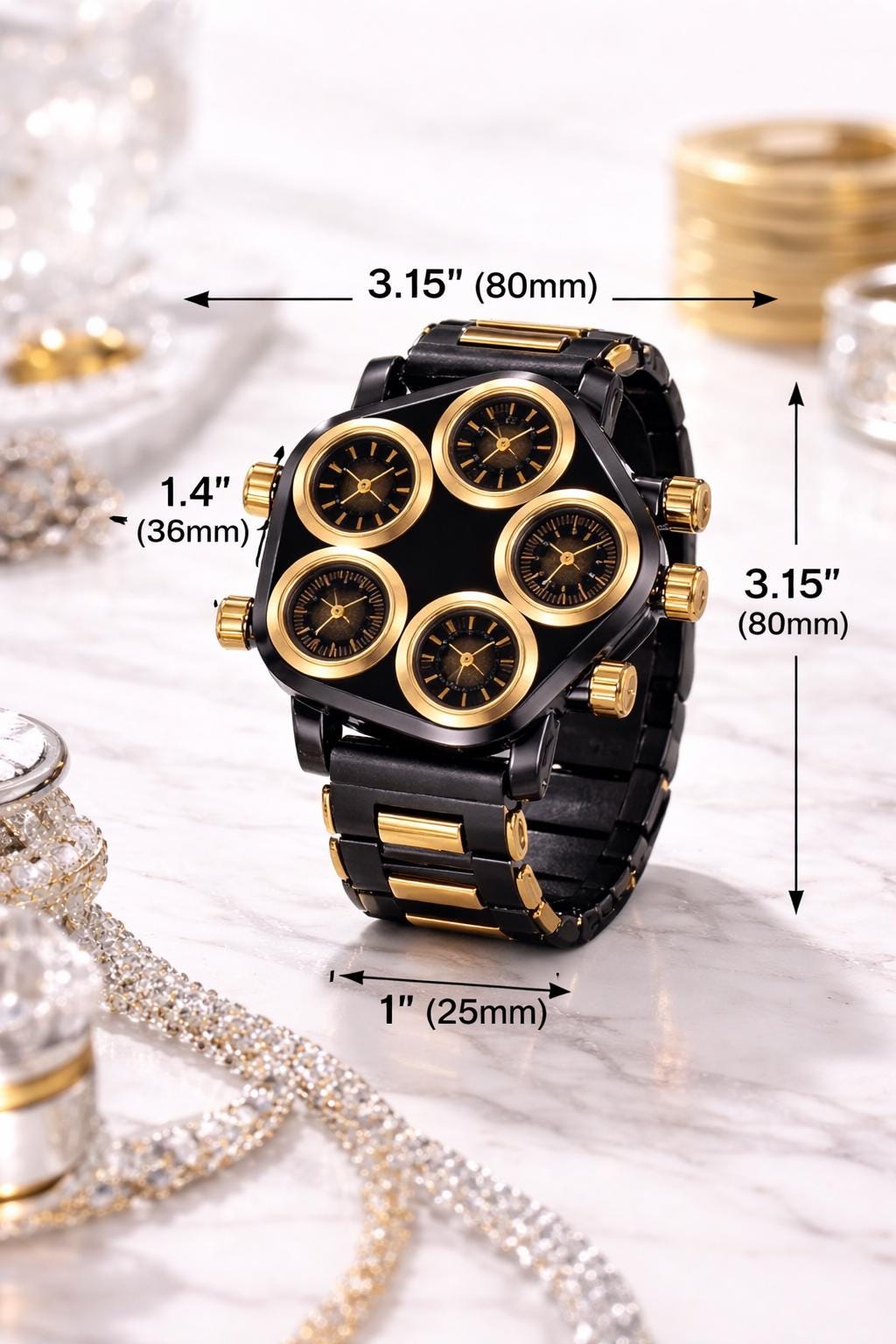 Limited Edition Architectural Multi-Dial Watch – Black Gold Collector Statement Timepiece
