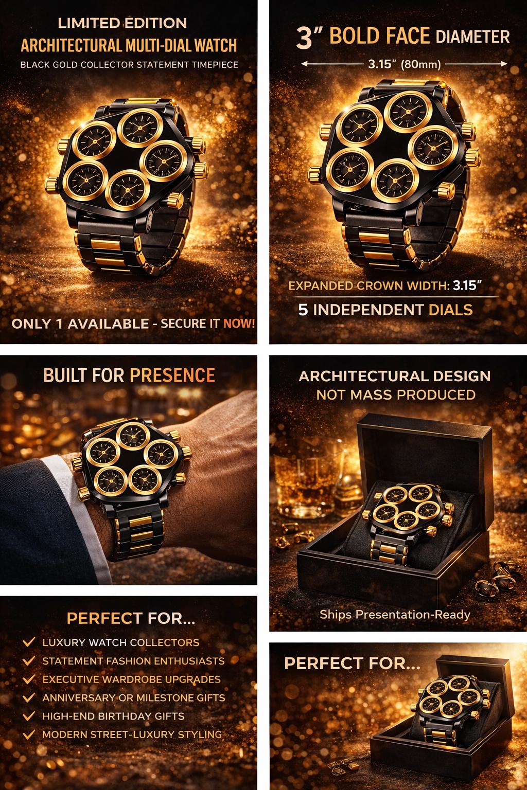 Limited Edition Architectural Multi-Dial Watch – Black Gold Collector Statement Timepiece