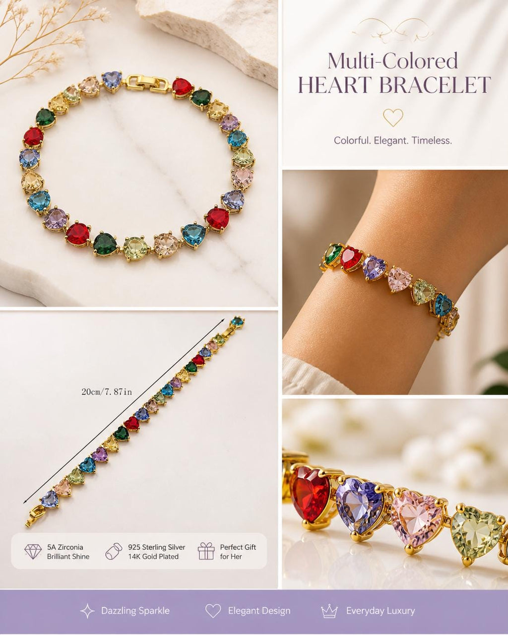 5A Colorful Heart Zirconia Bracelet, Gold Plated 925 Sterling Silver
