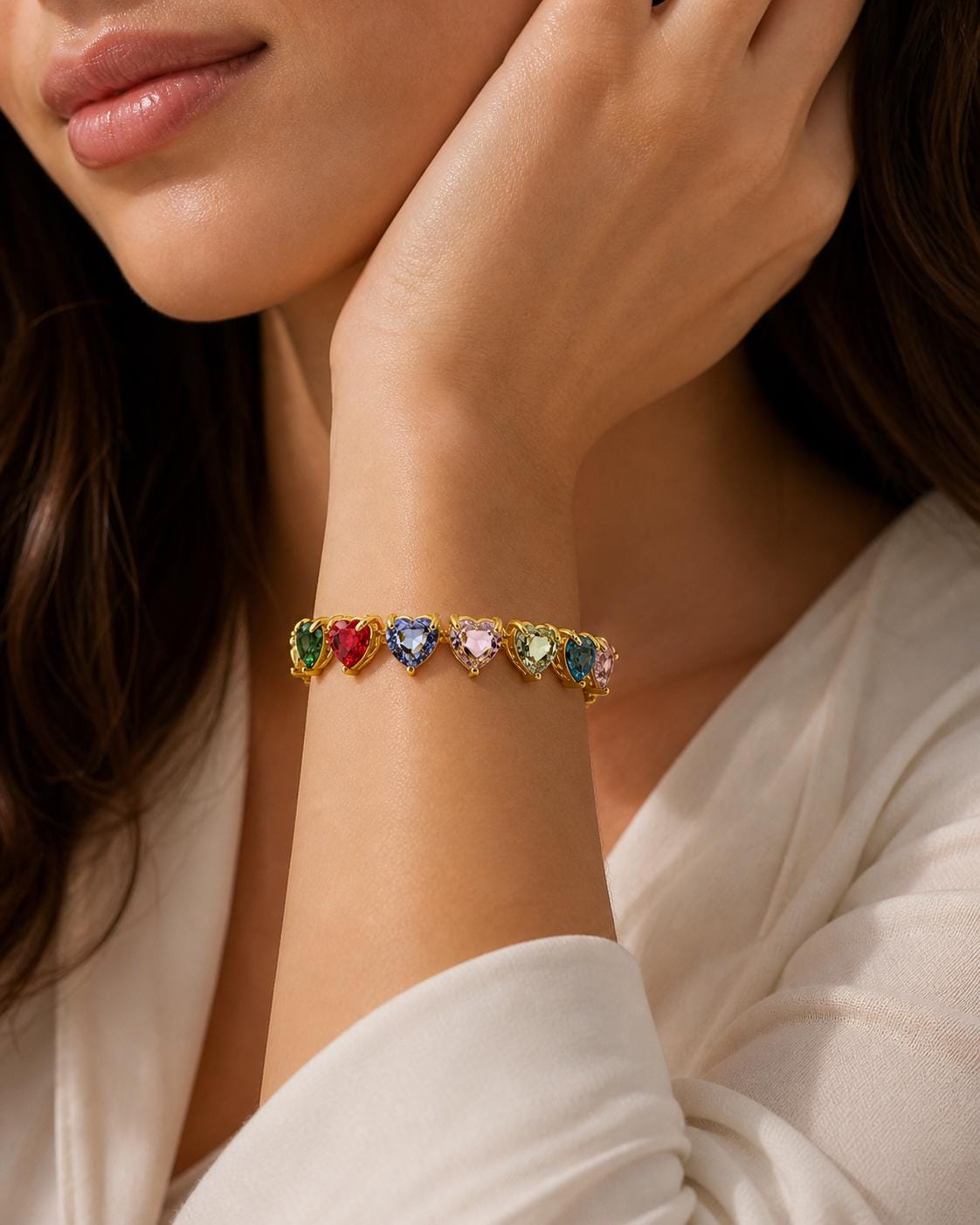 5A Colorful Heart Zirconia Bracelet, Gold Plated 925 Sterling Silver