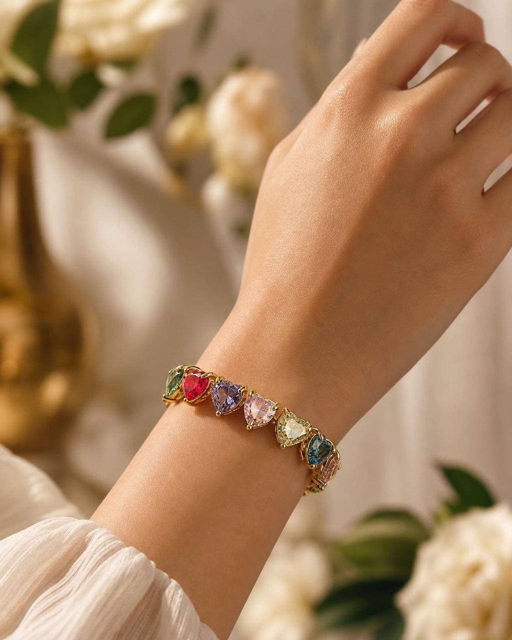 5A Colorful Heart Zirconia Bracelet, Gold Plated 925 Sterling Silver
