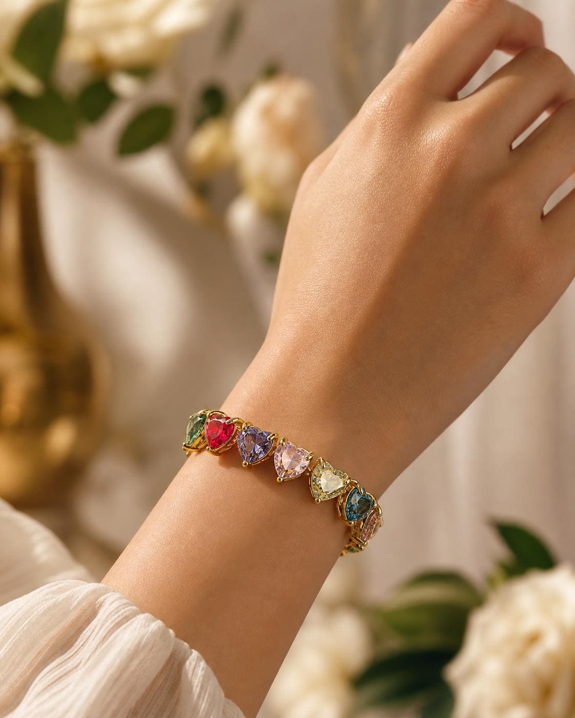 5A Colorful Heart Zirconia Bracelet, Gold Plated 925 Sterling Silver