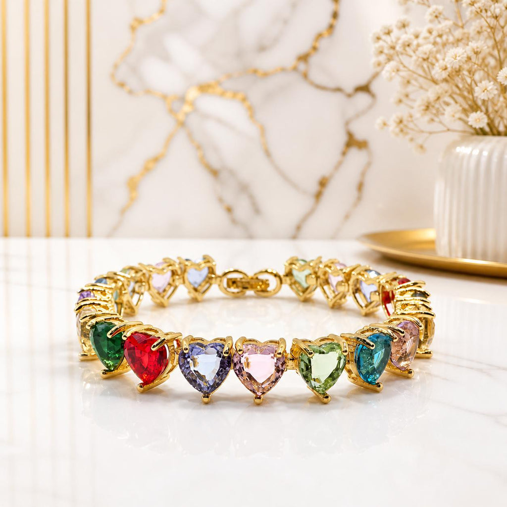 5A Colorful Heart Zirconia Bracelet, Gold Plated 925 Sterling Silver