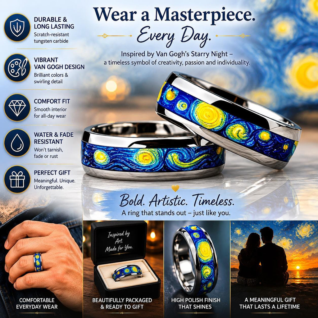 Stainless Steel Van Gogh Starry Night Ring Band - Unisex Gift