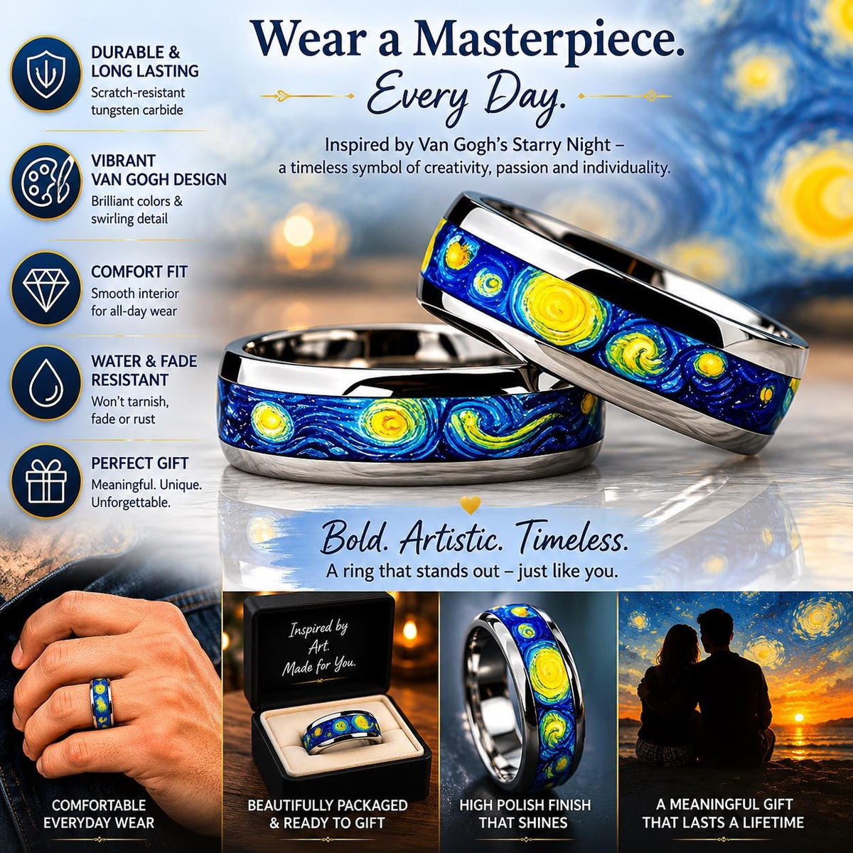 Stainless Steel Van Gogh Starry Night Ring Band - Unisex Gift