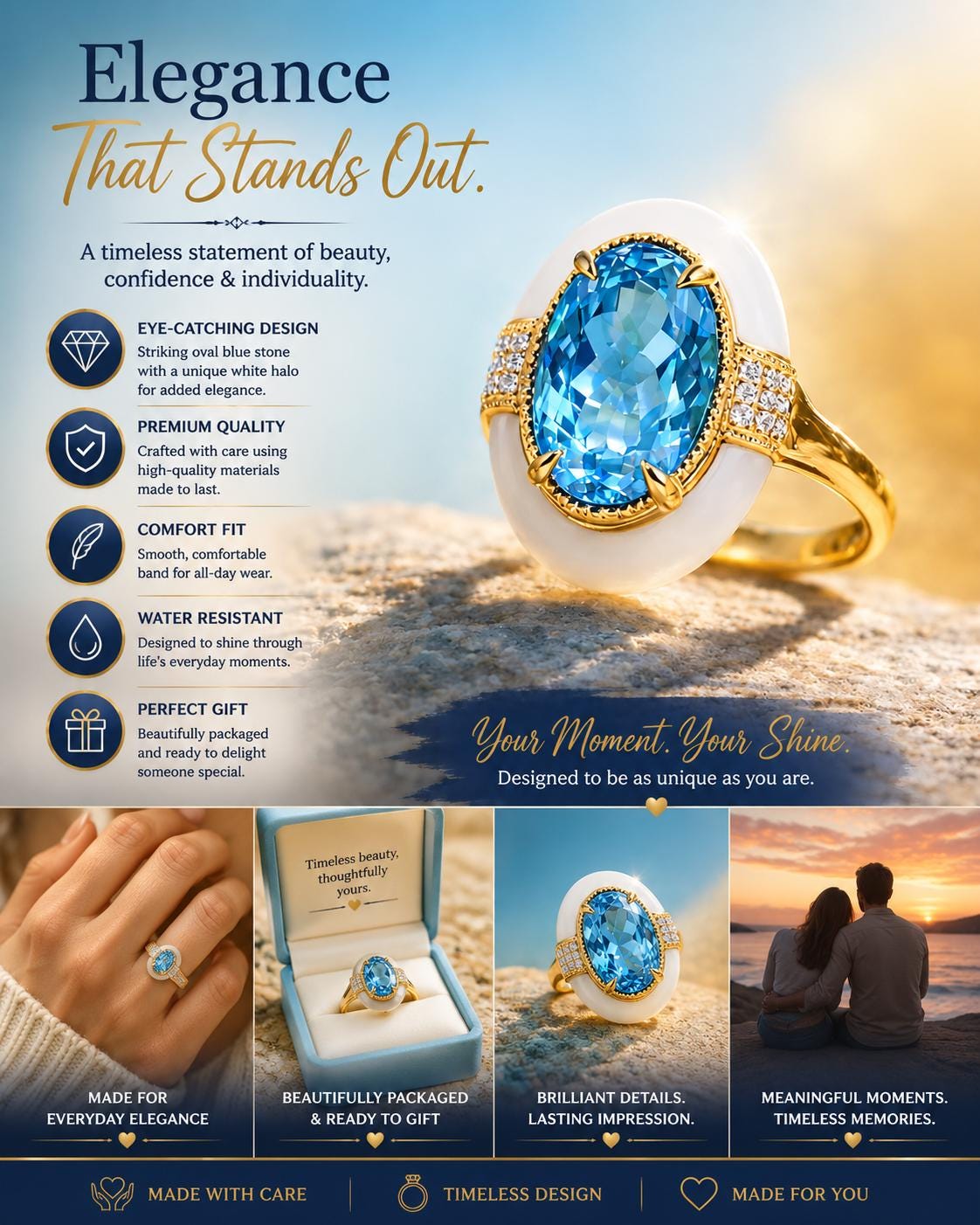 18K Gold Plated Ocean Blue and White Enamel Palace Ring