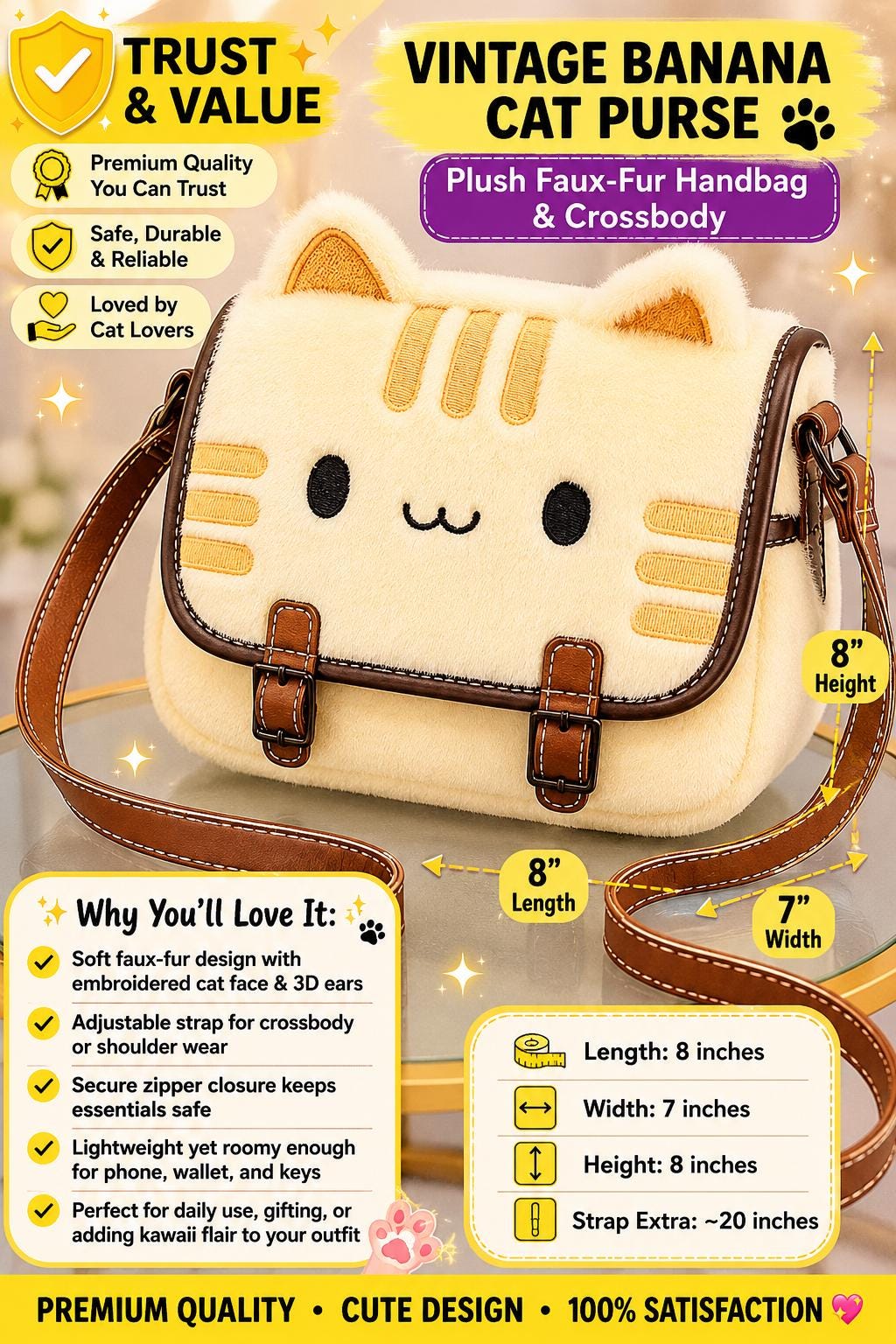 Banana Cat Plush Purse – Faux Fur Crossbody Bag, Kawaii Style