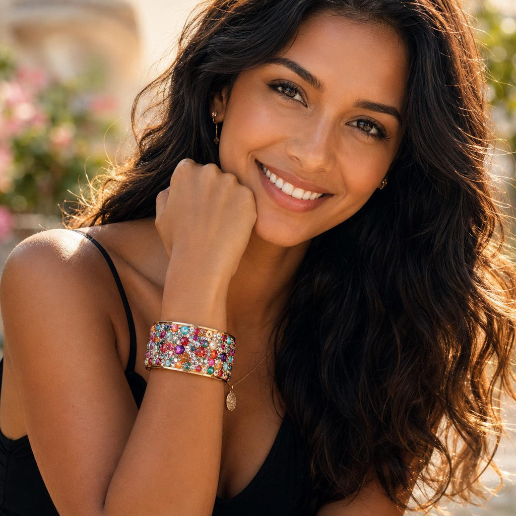 Colorful Rhinestone Bangle Bracelet 6.5cm Adjustable Gold Cuff 4.7cm Statement Jewelry