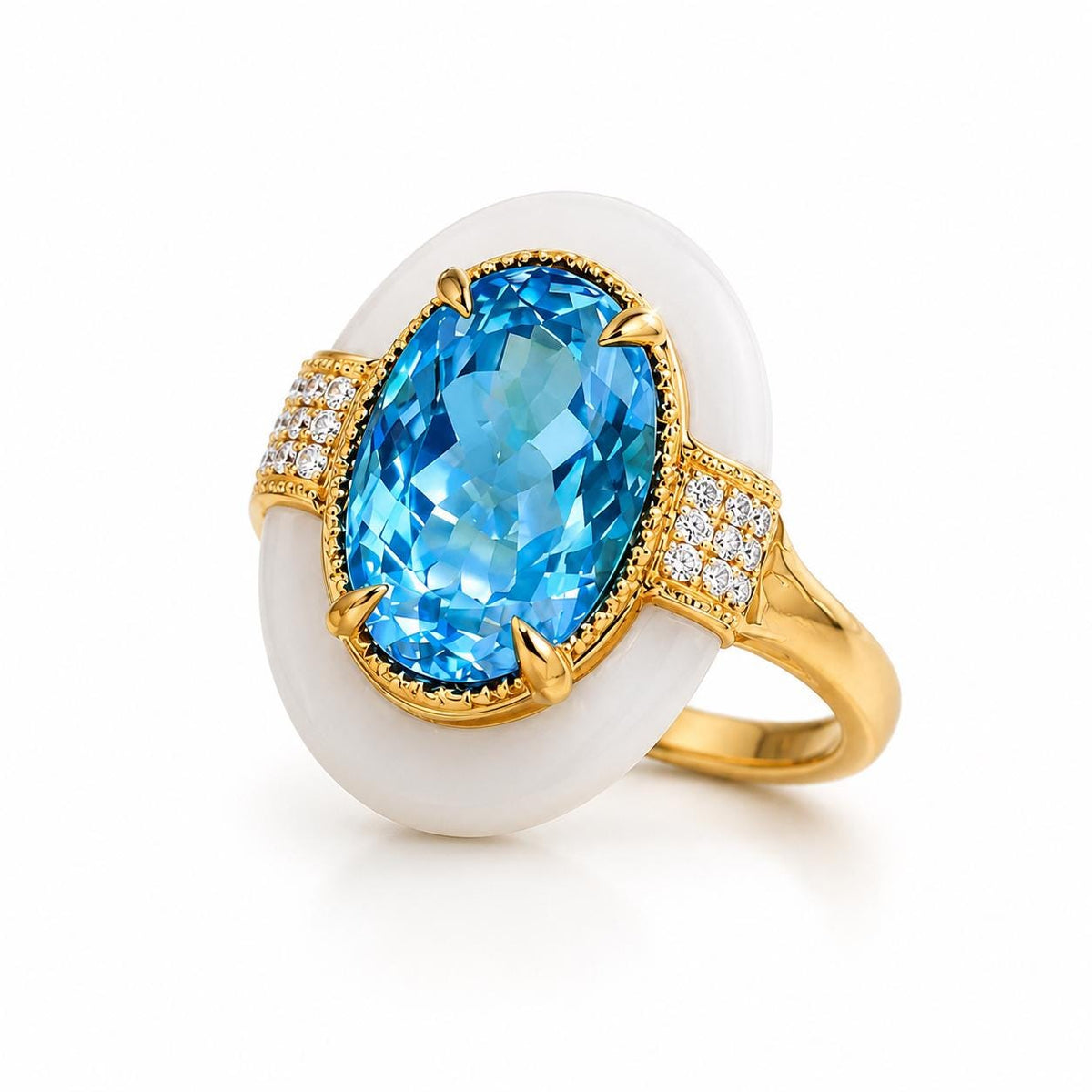 18K Gold Plated Ocean Blue and White Enamel Palace Ring