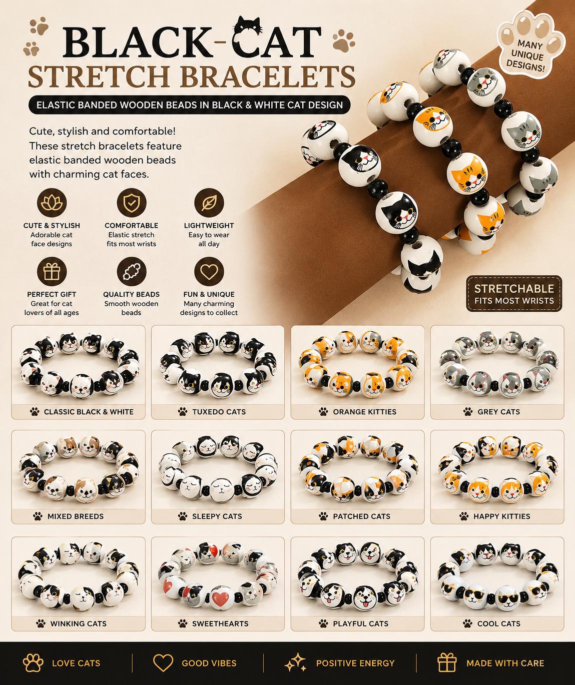 Black Cat Wooden Bead Bracelet - Handmade Stretchy Jewelry