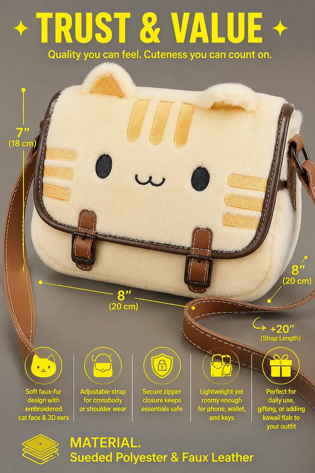 Banana Cat Plush Purse – Faux Fur Crossbody Bag, Kawaii Style