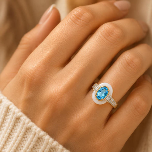 18K Gold Plated Ocean Blue and White Enamel Palace Ring