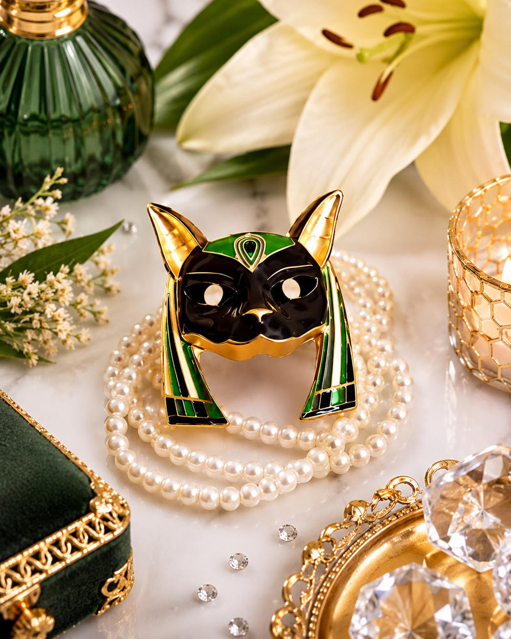 Egyptian Style Cat Brooch | Enamel Pearl Pin, Vintage Jewelry