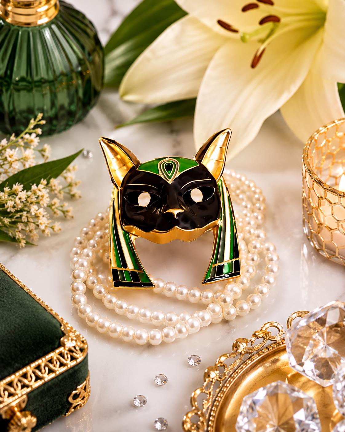Egyptian Style Cat Brooch | Enamel Pearl Pin, Vintage Jewelry