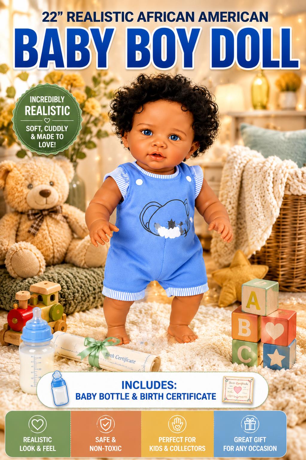 22" Reborn African American Boy Doll: Blue Eyes with Free Backpack with Certificate