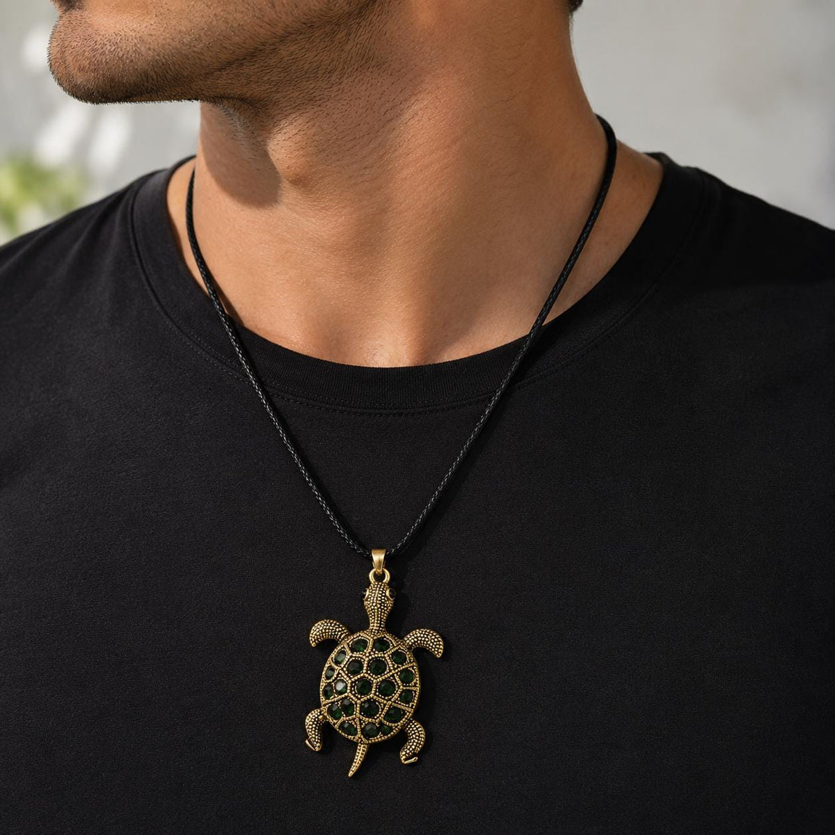 Vintage Emerald Glass Turtle Pendant Necklace | KC Gold Plated