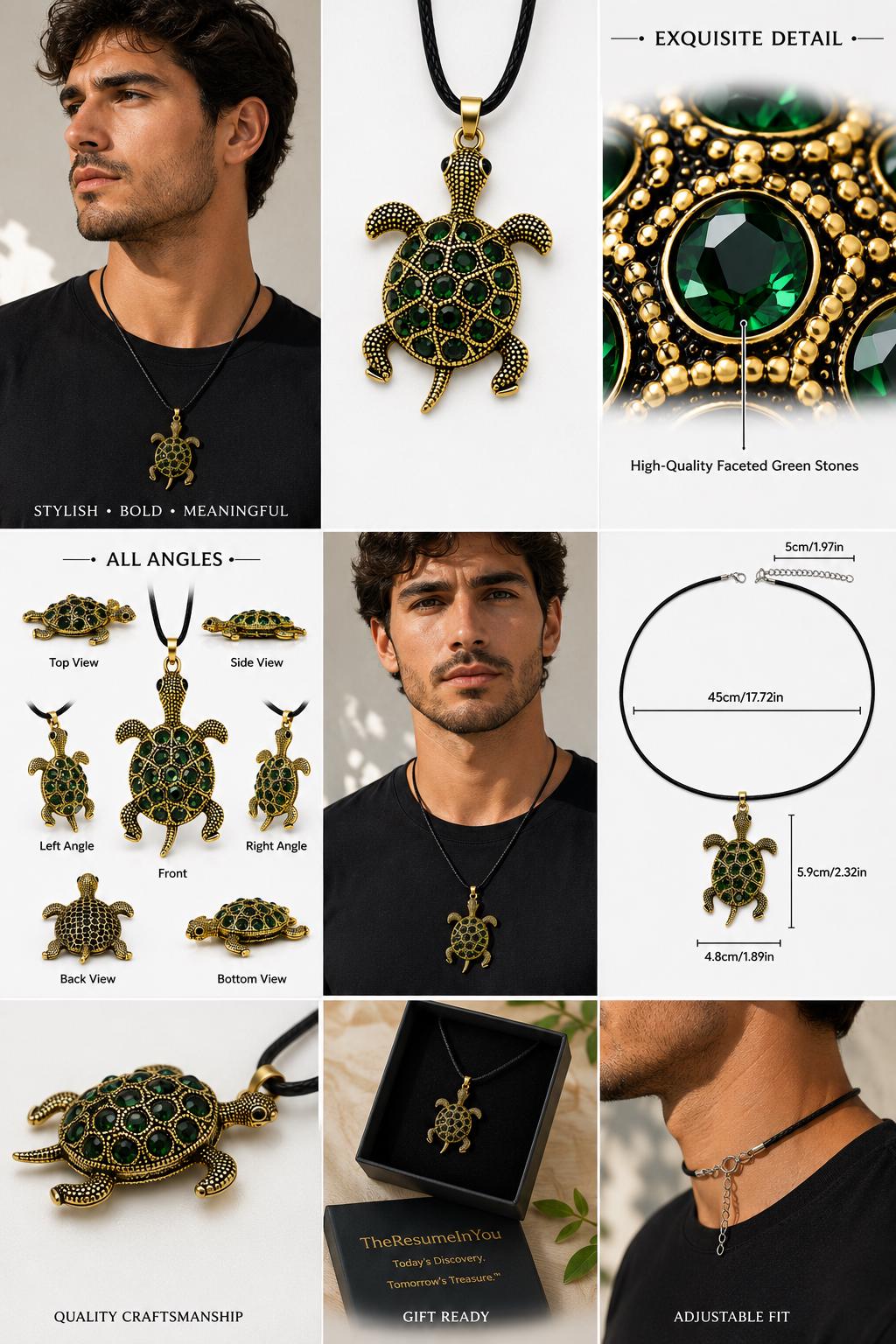 Vintage Emerald Glass Turtle Pendant Necklace | KC Gold Plated