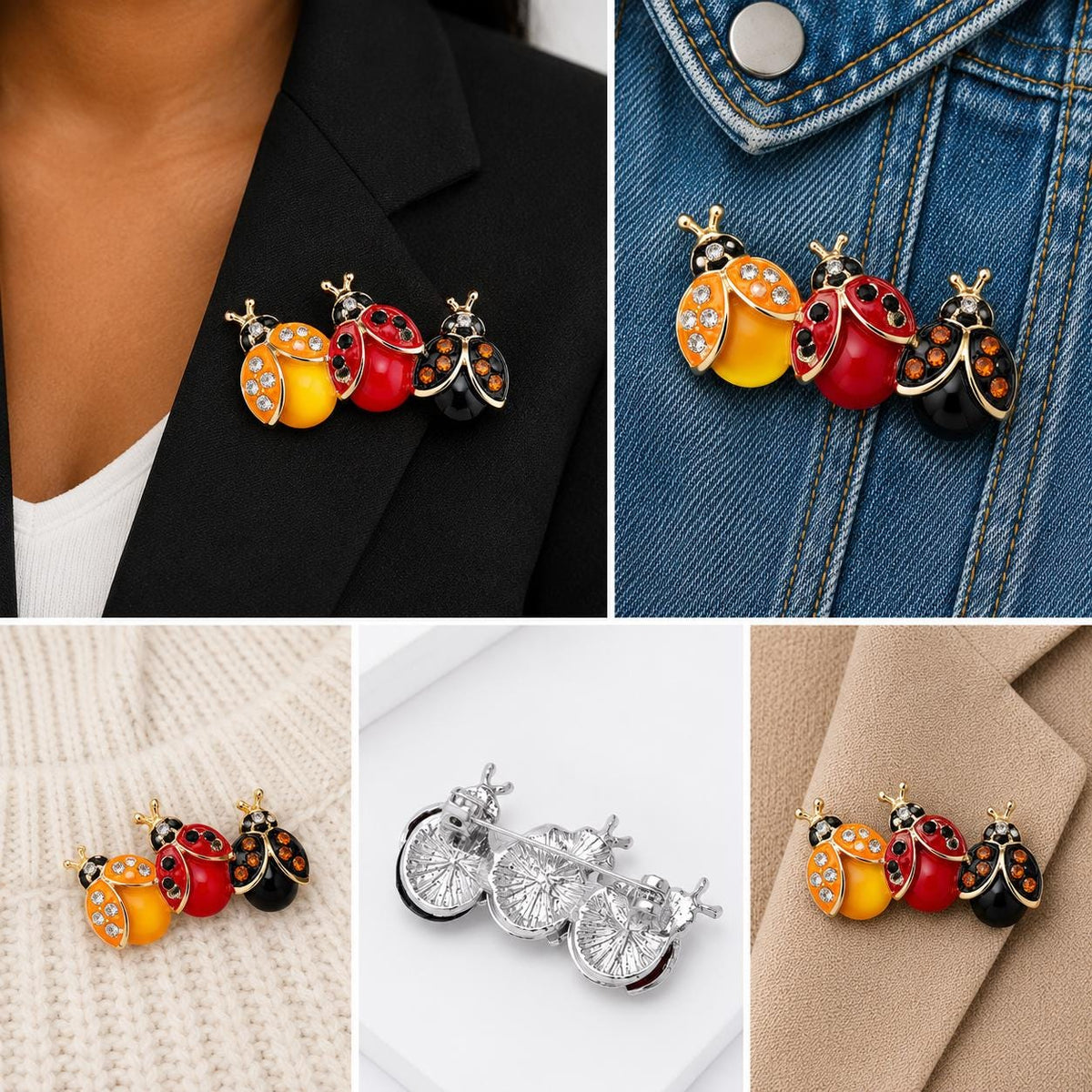 Enamel Ladybug Brooch, Rhinestone Insect Lapel Pin