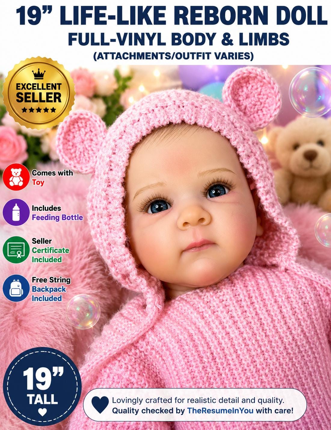Handmade 19" Vinyl Reborn Girl Doll, Collectible Gift
