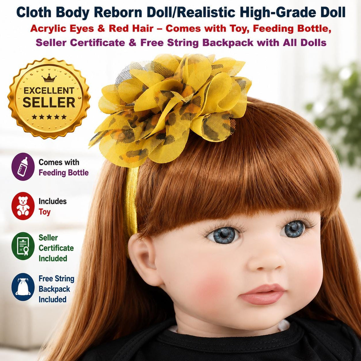 24” Reborn Doll Red Hair Acrylic Eyes Cloth Body Baby Girl with Accessories Certificate