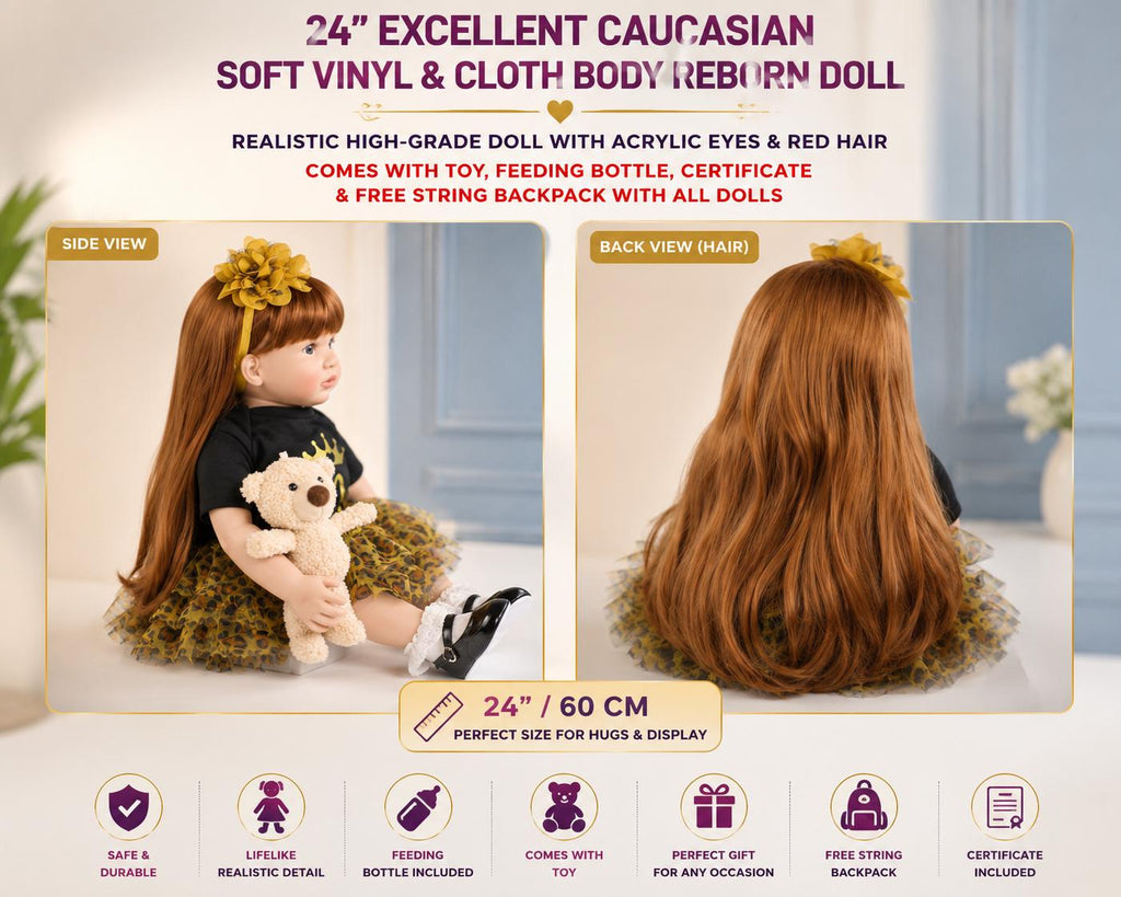 24” Reborn Doll Red Hair Acrylic Eyes Cloth Body Baby Girl with Accessories Certificate