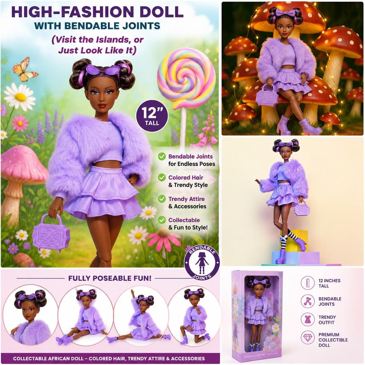 African American Fashion Doll with Bendable Joints, Purple Outfit, Accessories, and Free Backpack