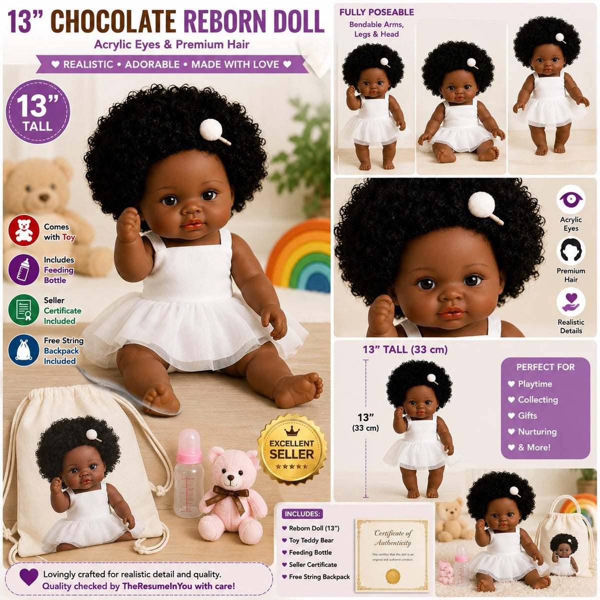 Lifelike 13" African American Reborn Baby Doll – Chocolate Skin & Curly Hair and Free Backpack
