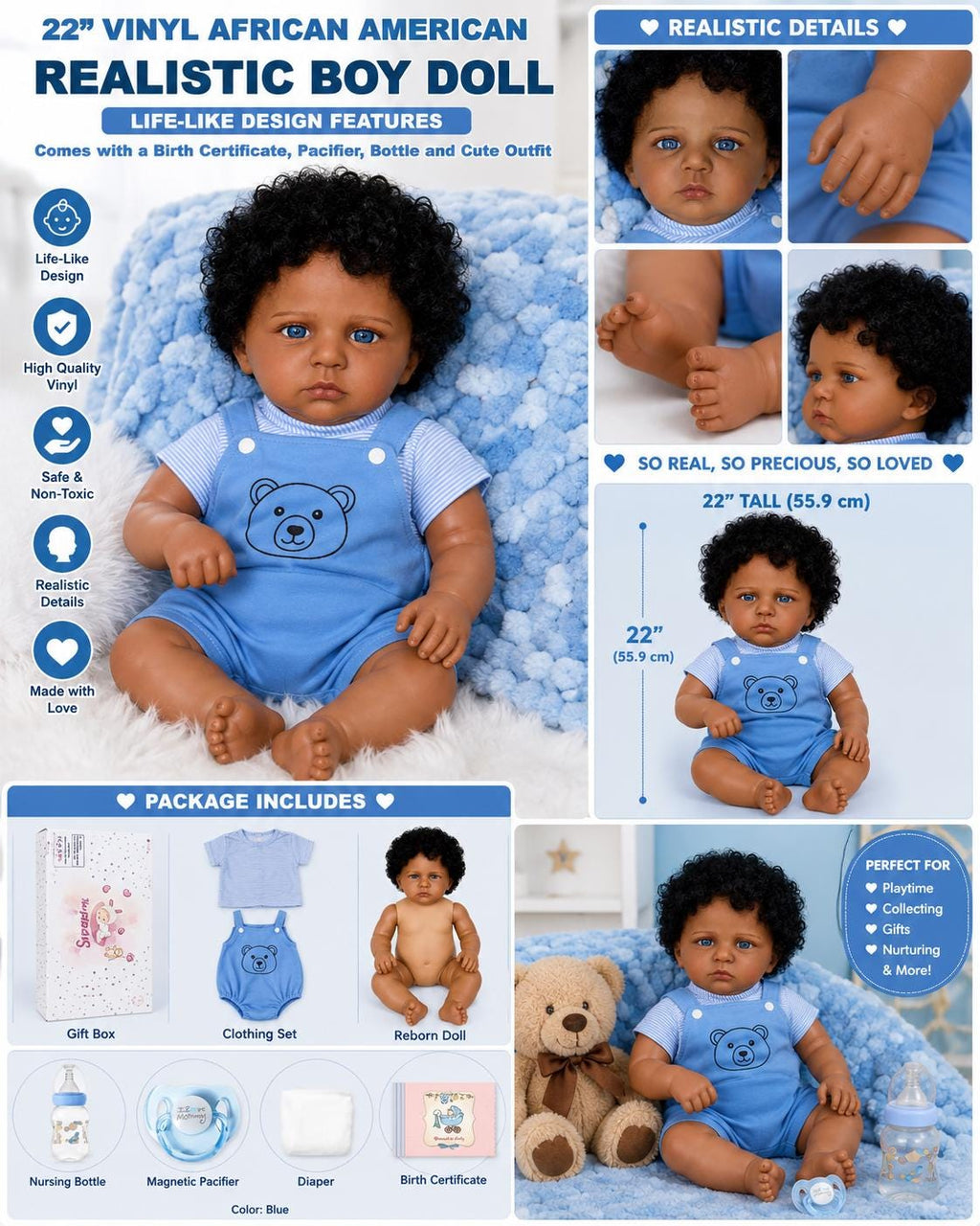 22" Reborn African American Boy Doll: Blue Eyes with Free Backpack with Certificate