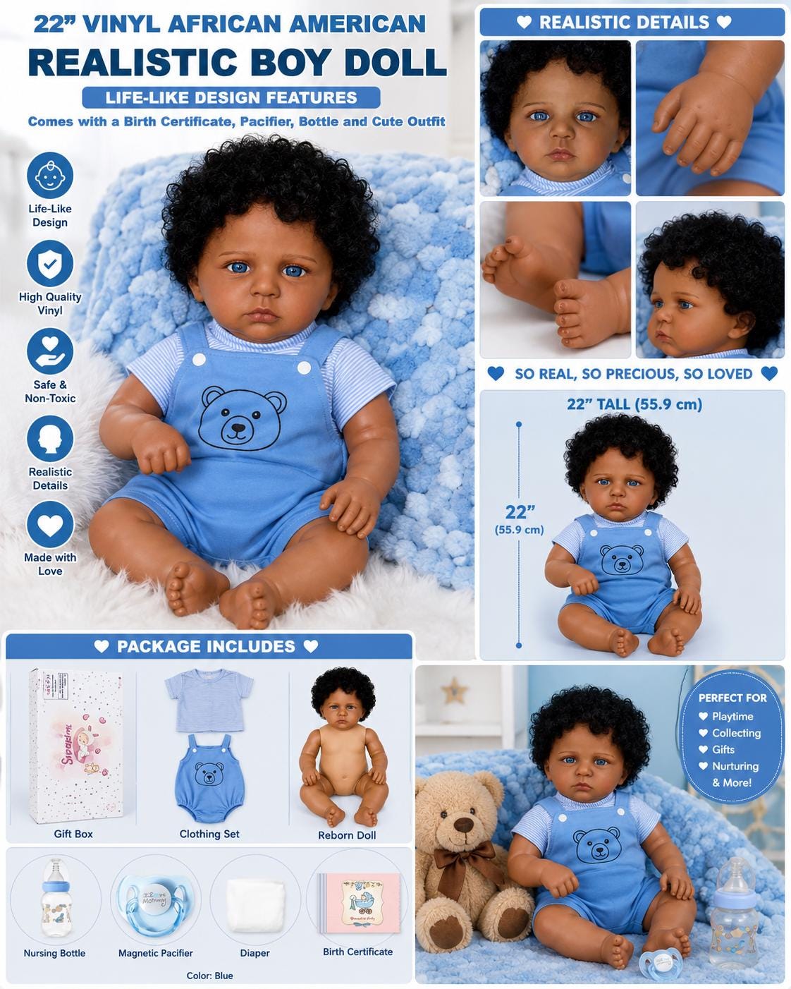 22" Reborn African American Boy Doll: Blue Eyes with Free Backpack with Certificate