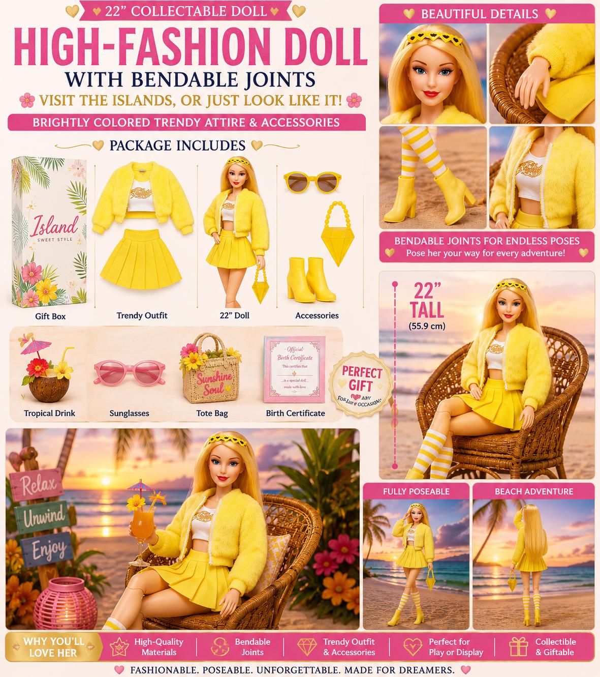 Limited-Edition 3D Honey-Blonde Fashion Doll with Bendable Joints and Free Backpack