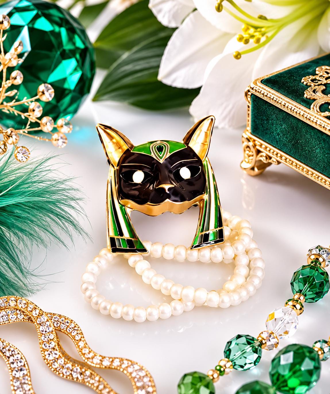 Egyptian Style Cat Brooch | Enamel Pearl Pin, Vintage Jewelry