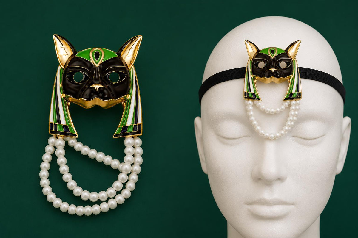 Egyptian Style Cat Brooch | Enamel Pearl Pin, Vintage Jewelry