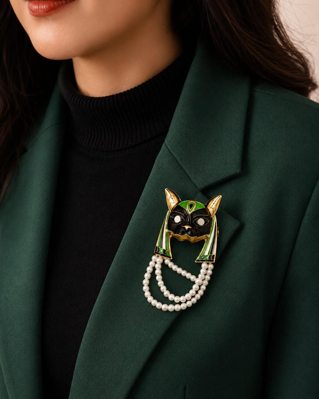 Egyptian Style Cat Brooch | Enamel Pearl Pin, Vintage Jewelry