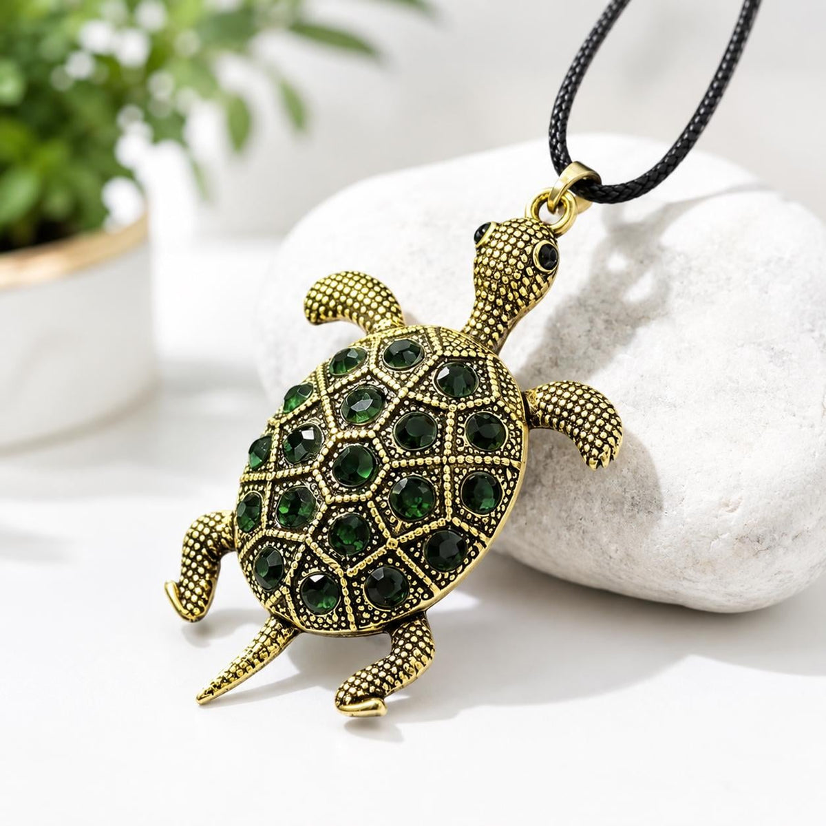 Vintage Emerald Glass Turtle Pendant Necklace | KC Gold Plated