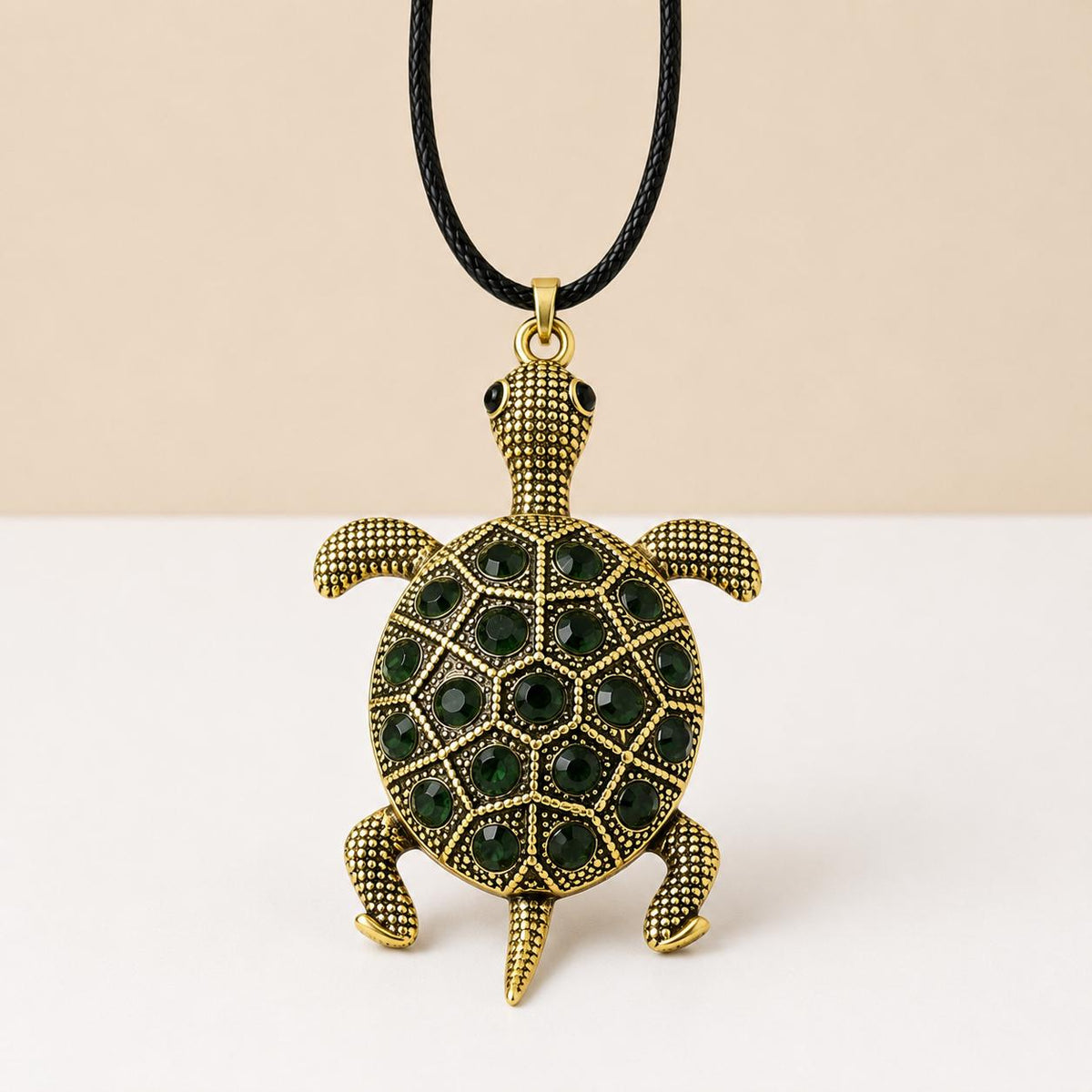 Vintage Emerald Glass Turtle Pendant Necklace | KC Gold Plated