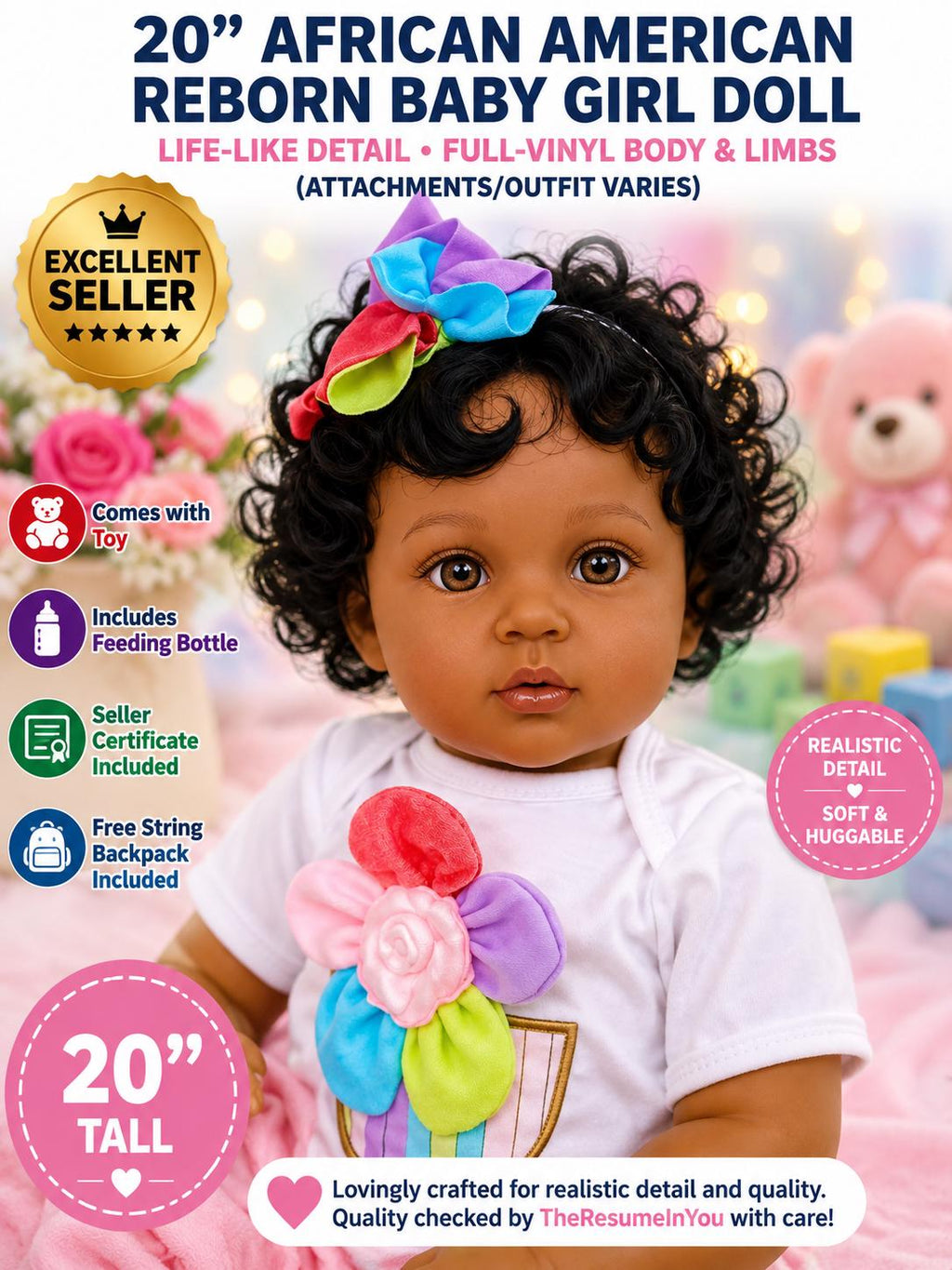 20” Ultra Reborn Handcrafted Baby Doll – Cupcake Outfit Lifelike Newborn Curly Hair Free Backpack