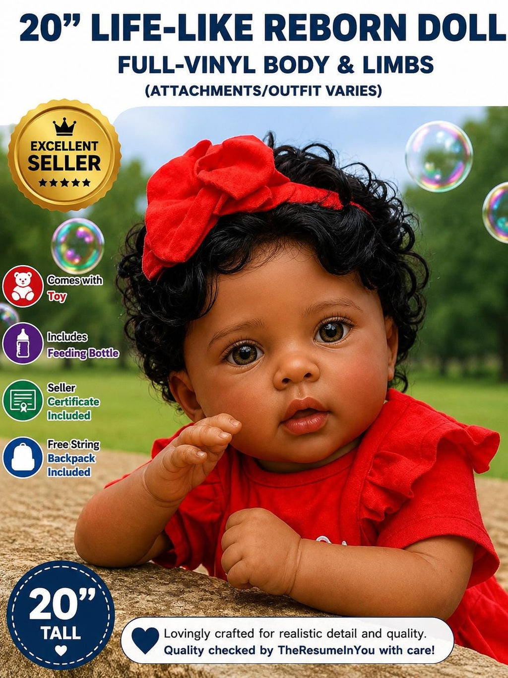 Lifelike African American Reborn Baby Girl Doll - 20 Inch and Free Backpack
