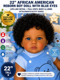 22" Reborn African American Boy Doll: Blue Eyes with Free Backpack with Certificate