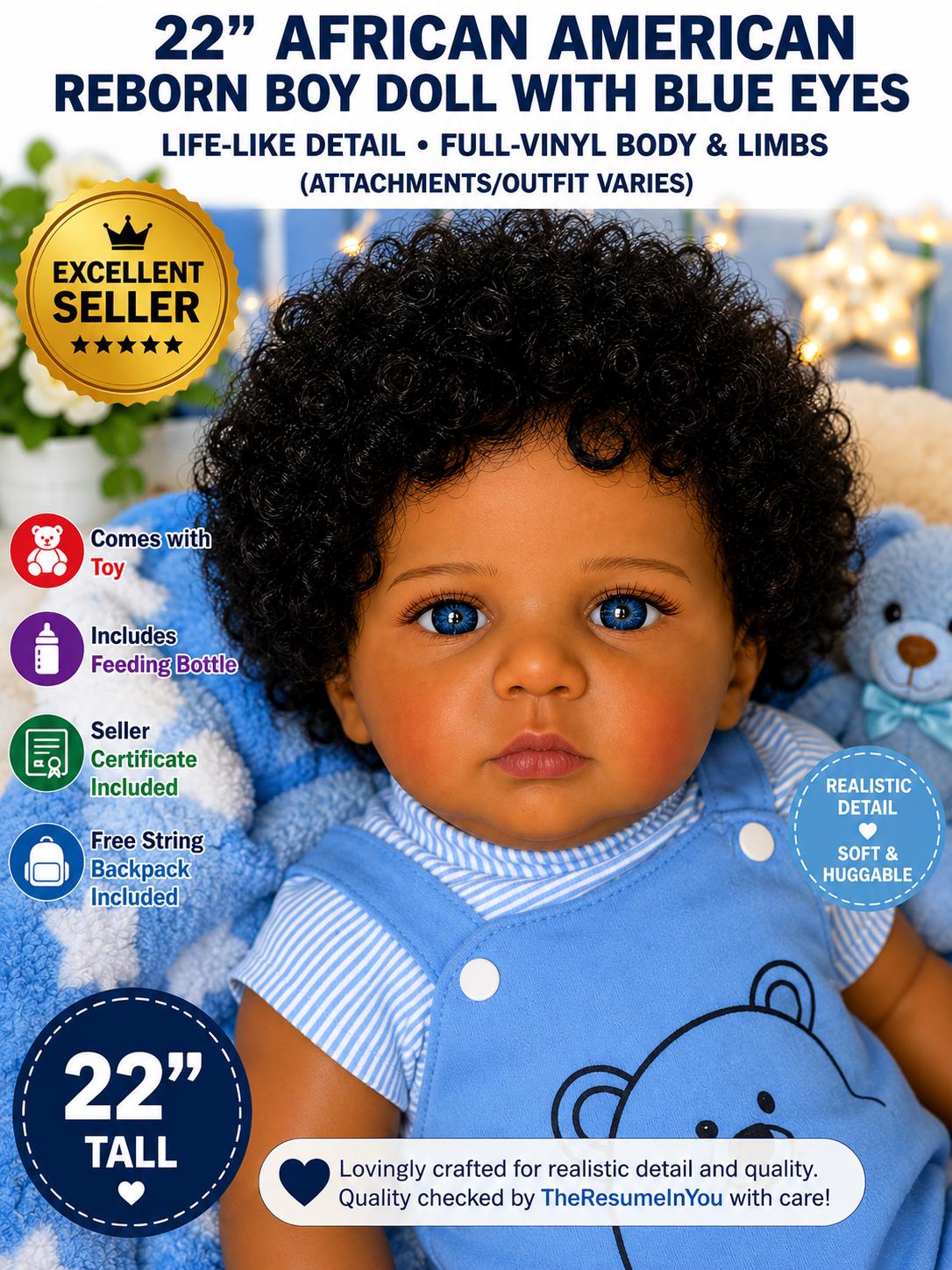 22" Reborn African American Boy Doll: Blue Eyes with Free Backpack with Certificate