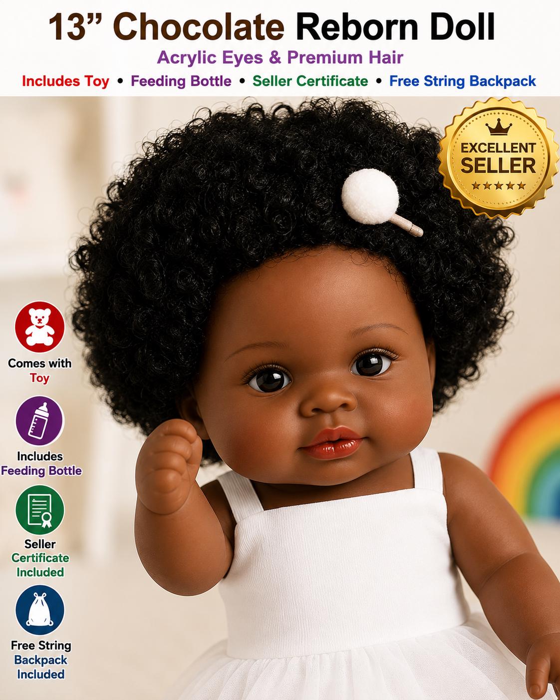 Lifelike 13" African American Reborn Baby Doll – Chocolate Skin & Curly Hair and Free Backpack