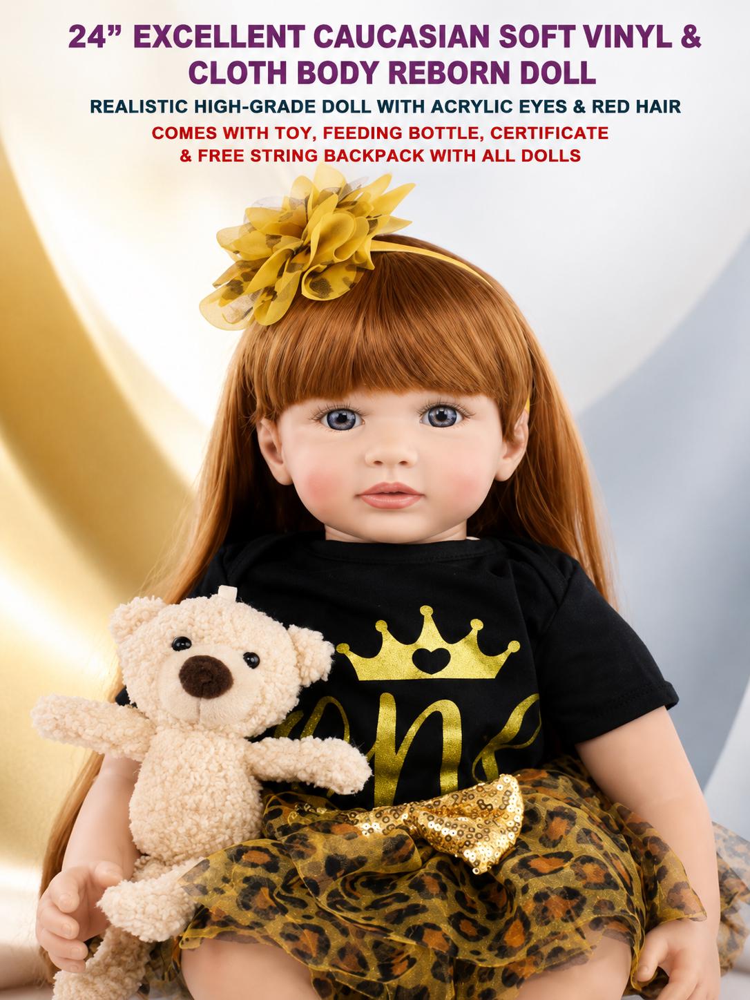 24” Reborn Doll Red Hair Acrylic Eyes Cloth Body Baby Girl with Accessories Certificate