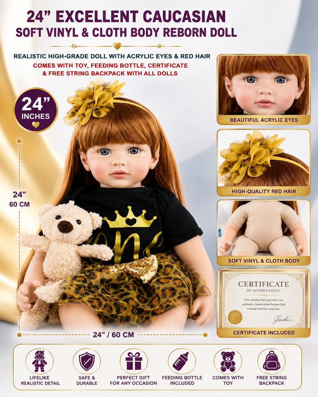 24” Reborn Doll Red Hair Acrylic Eyes Cloth Body Baby Girl with Accessories Certificate