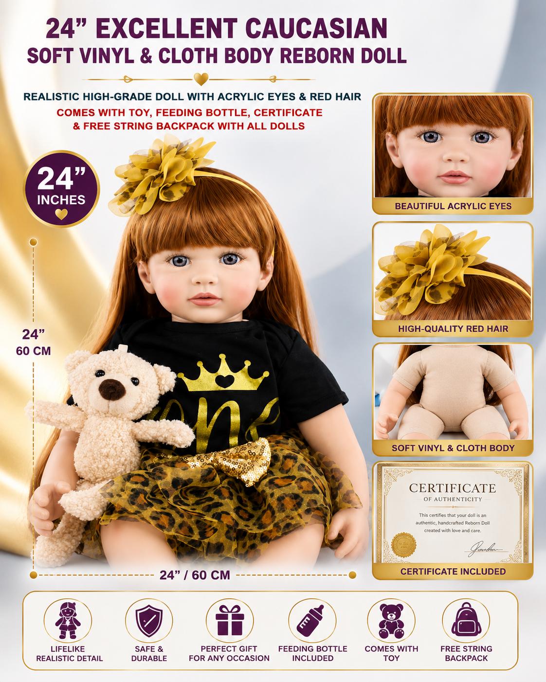 24” Reborn Doll Red Hair Acrylic Eyes Cloth Body Baby Girl with Accessories Certificate