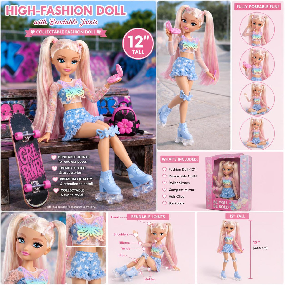 Authentic Barbie Roller Skate Doll – 12" Caucasian Pink-Tipped Hair Collectible