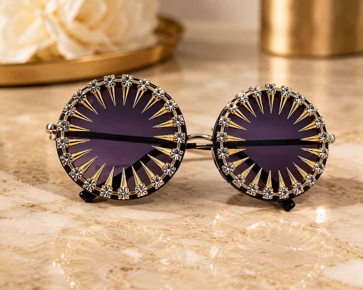 Round Rhinestone Spike Sunglasses – Gold-Tone Statement Shades with Purple Tinted Lenses