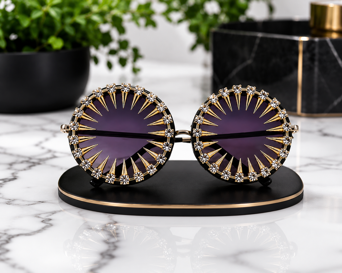 Round Rhinestone Spike Sunglasses – Gold-Tone Statement Shades with Purple Tinted Lenses